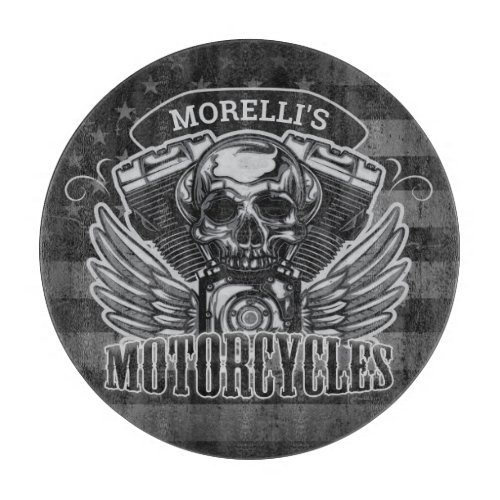 American Biker ADD NAME Skull V_Twin Motorcycles Cutting Board