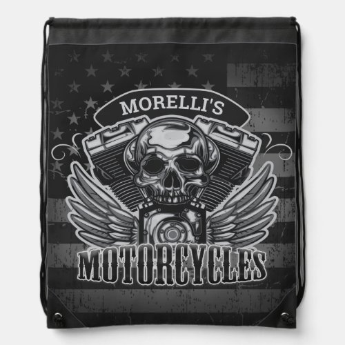 American Biker ADD NAME Skull V_Twin Motorcycles Drawstring Bag