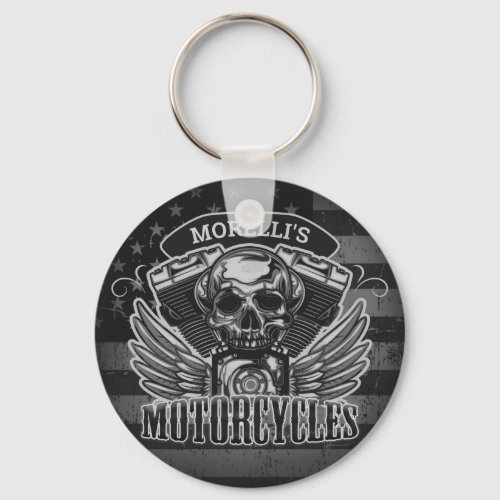 American Biker ADD NAME Skull V_Twin Motorcycles Keychain