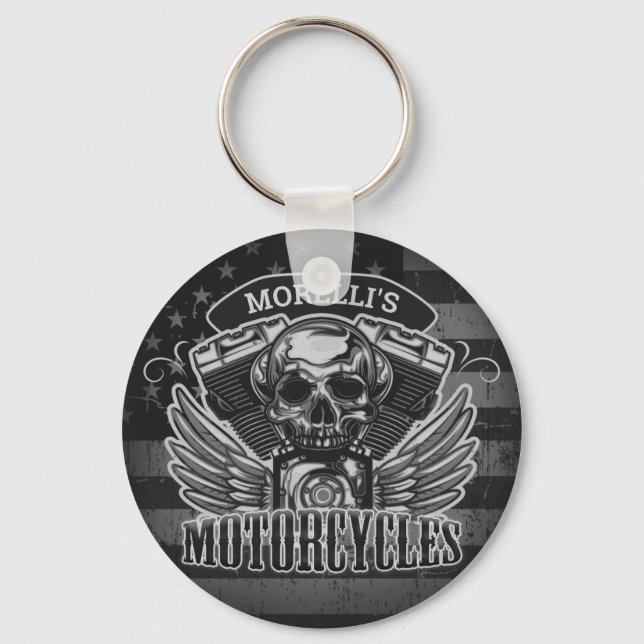 American Biker ADD NAME Skull V-Twin Motorcycles Keychain (Front)