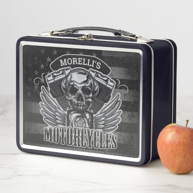 American Biker ADD NAME Skull V-Twin Motorcycles Metal Lunch Box (In Situ)