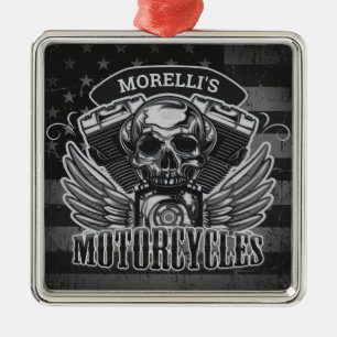 American Biker ADD NAME Skull V-Twin Motorcycles Metal Ornament