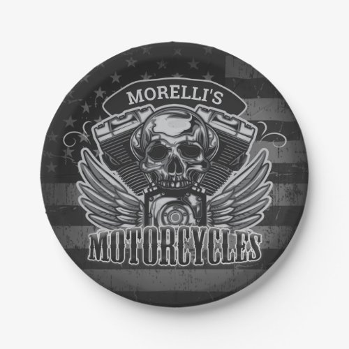 American Biker ADD NAME Skull V_Twin Motorcycles Paper Plates