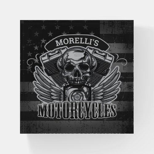 American Biker ADD NAME Skull V_Twin Motorcycles Paperweight