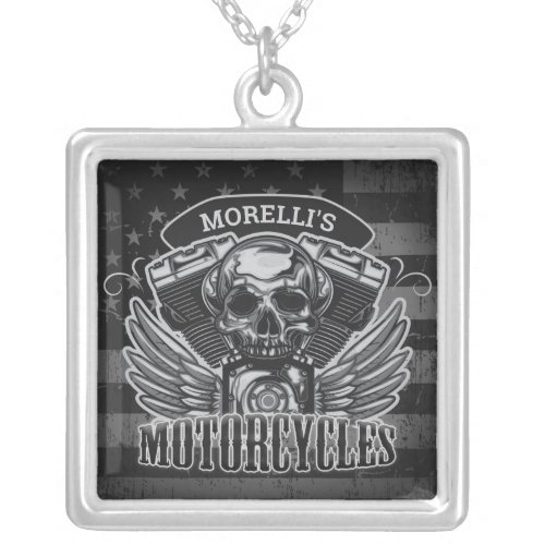 American Biker ADD NAME Skull V_Twin Motorcycles Silver Plated Necklace