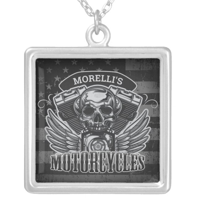 American Biker ADD NAME Skull V-Twin Motorcycles Silver Plated Necklace (Front)