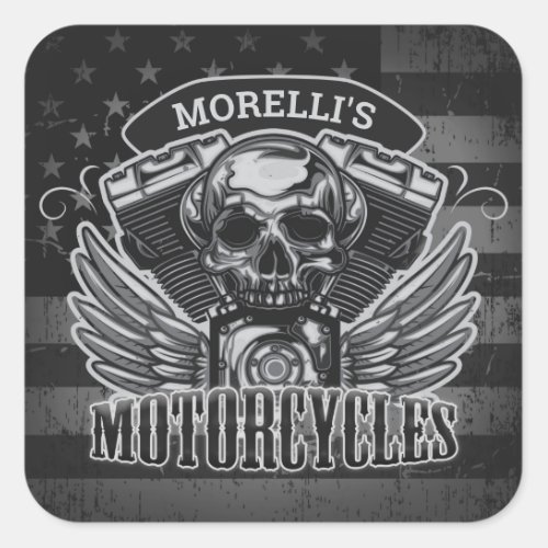 American Biker ADD NAME Skull V_Twin Motorcycles Square Sticker