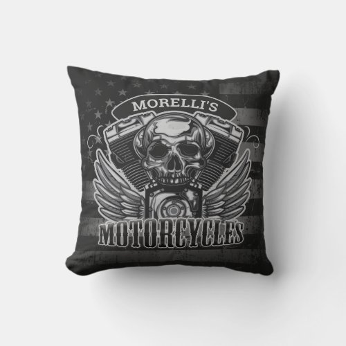 American Biker ADD NAME Skull V_Twin Motorcycles Throw Pillow