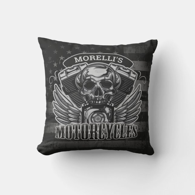 American Biker ADD NAME Skull V-Twin Motorcycles Throw Pillow (Front)