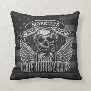 American Biker ADD NAME Skull V-Twin Motorcycles Throw Pillow