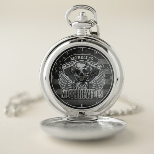 American Biker ADD NAME Skull V_Twin Motorcycles W Pocket Watch