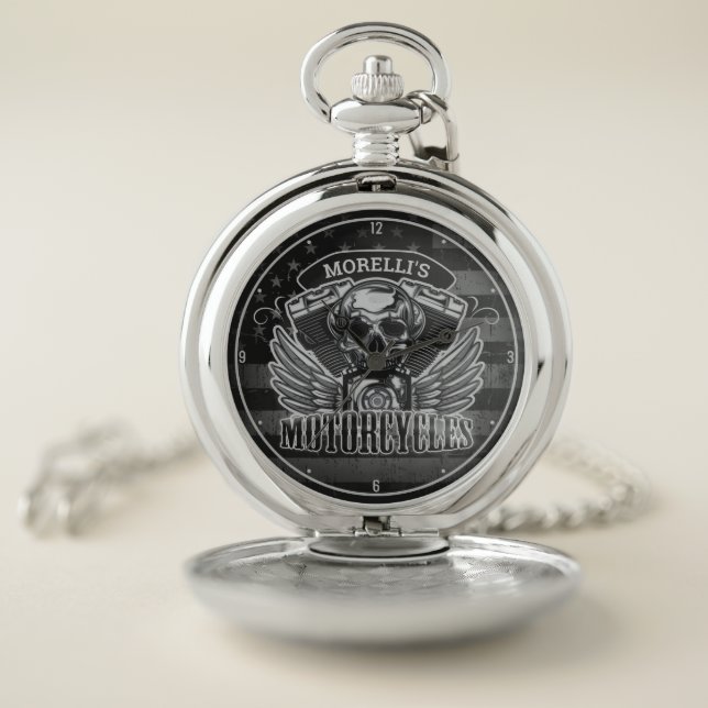 American Biker ADD NAME Skull V-Twin Motorcycles W Pocket Watch (Inside)