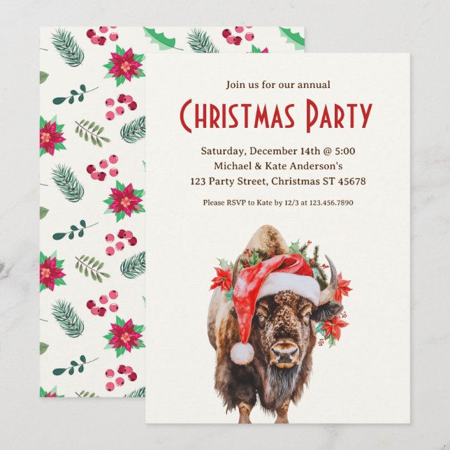 American Bison Buffalo Santa Hat Christmas Party Invitation (Front/Back)