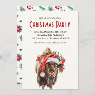 American Bison Buffalo Santa Hat Christmas Party Invitation