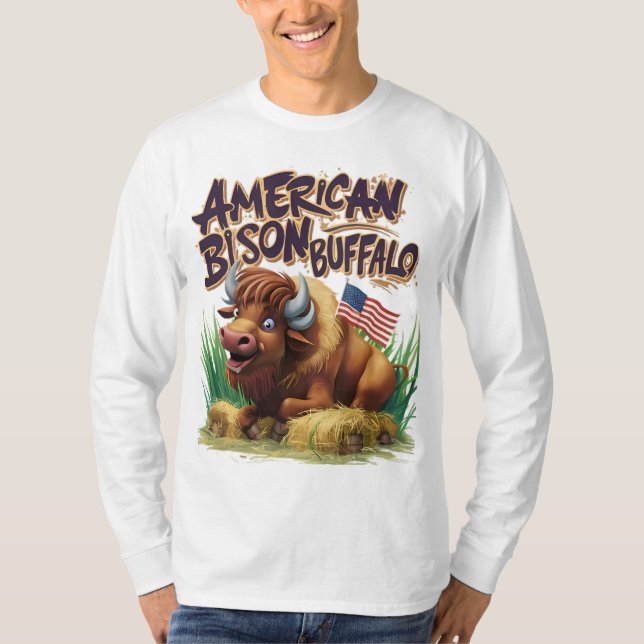 American Bison Buffalo With American Flag T-Shirt (Front)