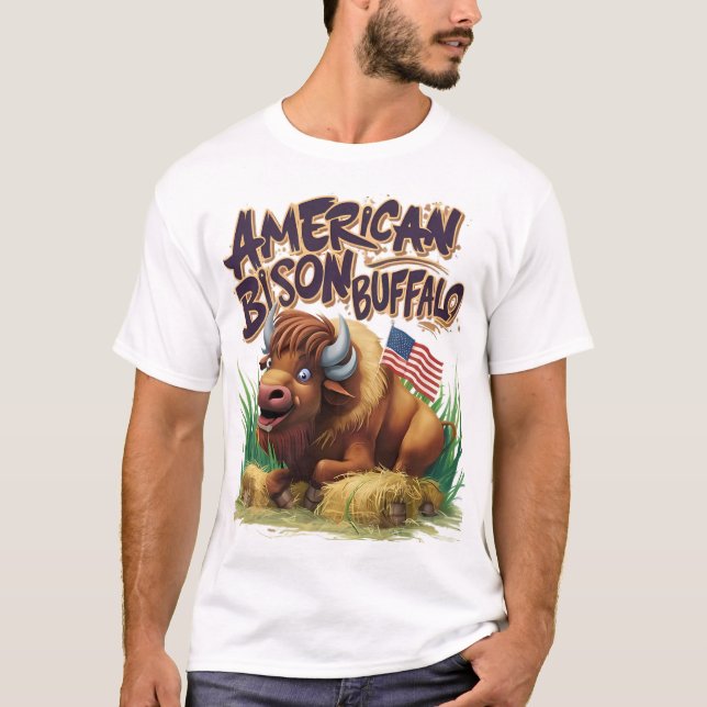 American Bison Buffalo With American Flag T-Shirt (Front)