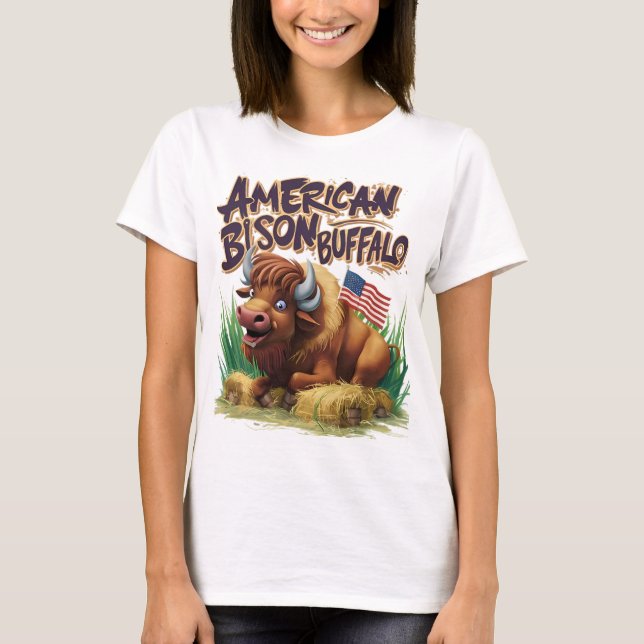 American Bison Buffalo With American Flag T-Shirt (Front)