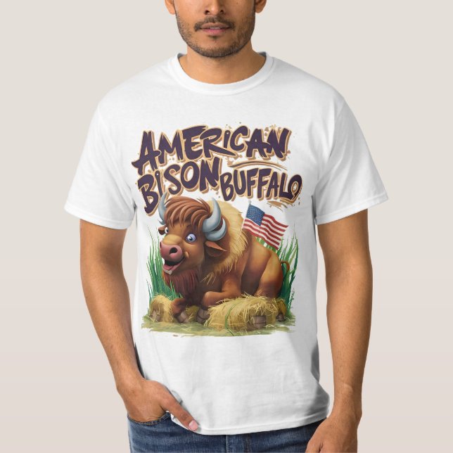American Bison Buffalo With American Flag T-Shirt (Front)