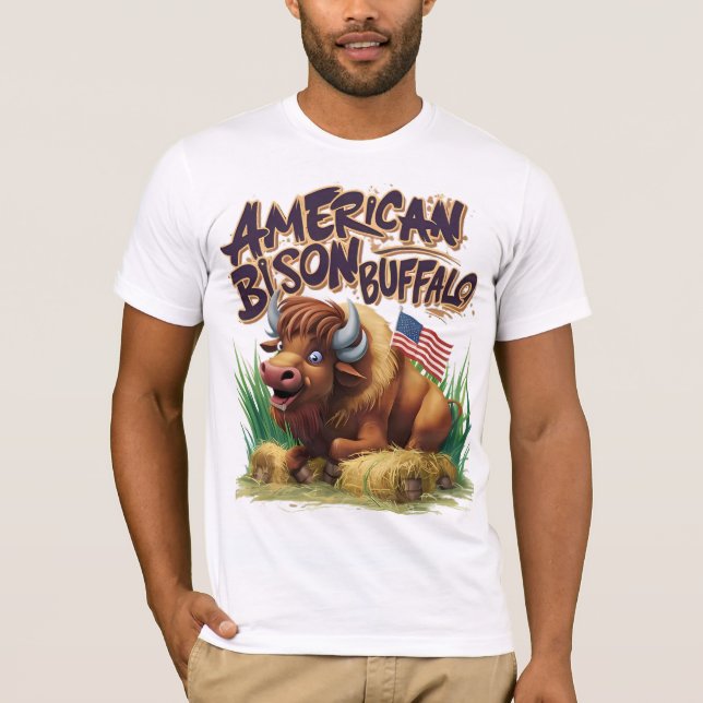 American Bison Buffalo With American Flag T-Shirt (Front)