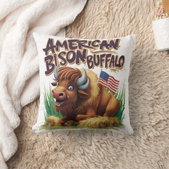 American Bison Buffalo With American Flag Throw Pillow (Blanket)