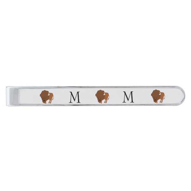 American Bison Design Monogrammed Silver Finish Tie Bar (Front)