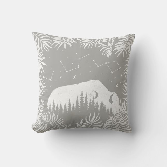 American Bison Gray White Stars Galaxy Tropical Throw Pillow (Front)