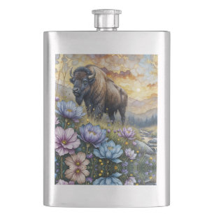 American Bison in floral mountain valley Flask
