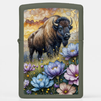 American Bison in floral mountain valley Zippo Lighter