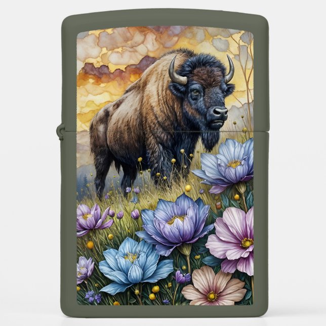 American Bison in floral mountain valley Zippo Lighter (Front)