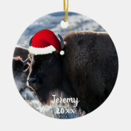 American Bison in Santa Hat Ceramic Ornament