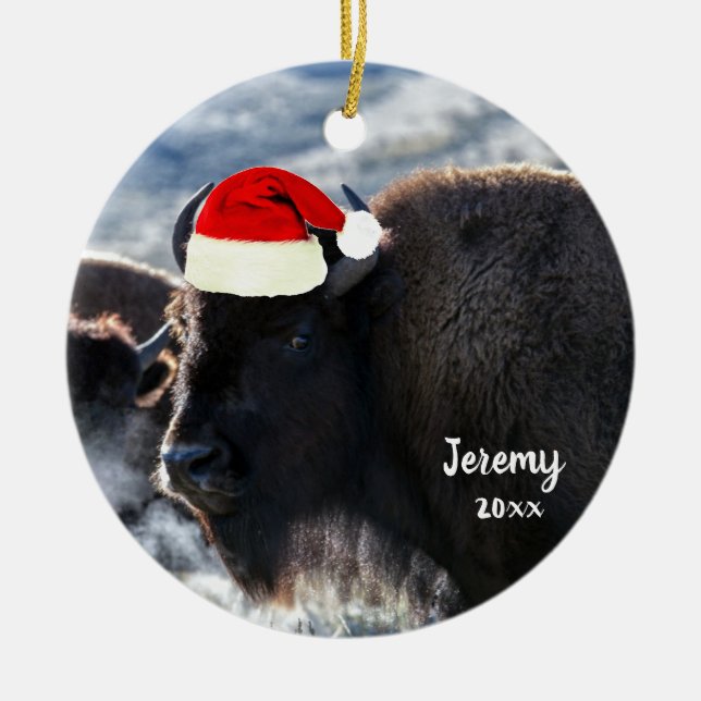 American Bison in Santa Hat    Ceramic Ornament (Front)