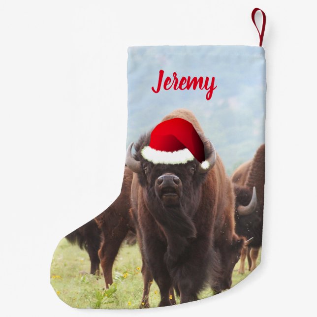 American Bison in Santa Hat   Small Christmas Stoc Small Christmas Stocking (Back)