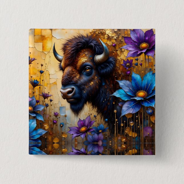 American Bison in textured Flower portrait Button (Front)