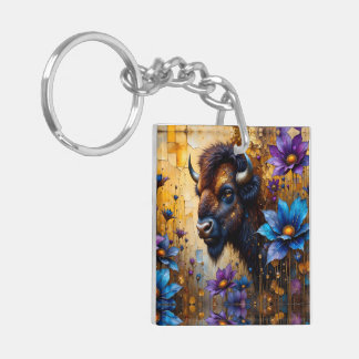 American Bison in textured Flower portrait Keychain