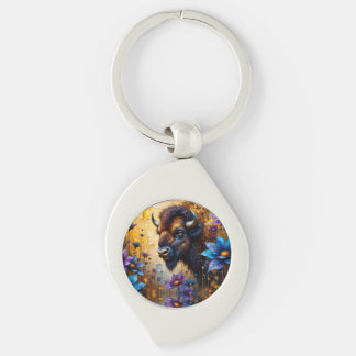 American Bison in textured Flower portrait Keychain