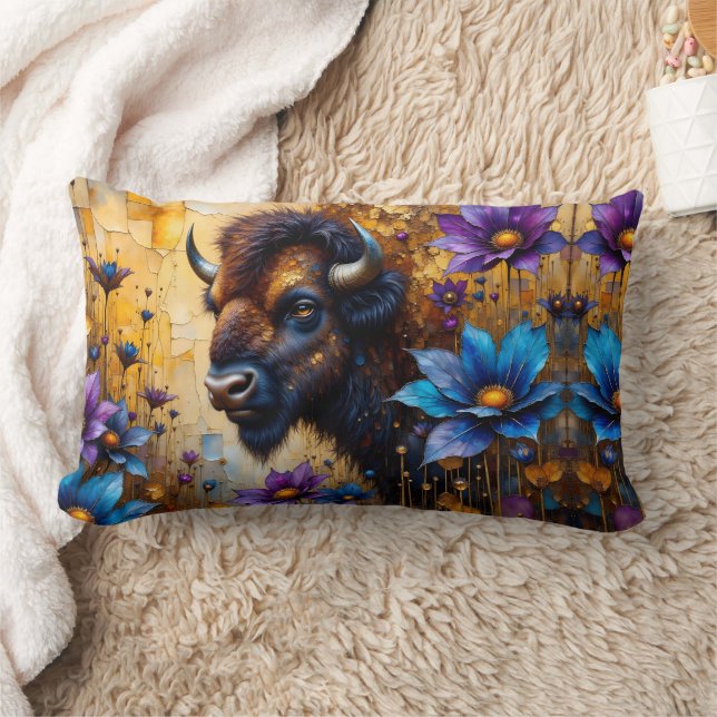 American Bison in textured Flower portrait Lumbar Pillow (Blanket)