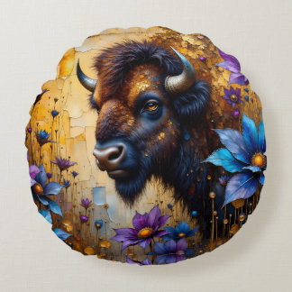 American Bison in textured Flower portrait Round Pillow