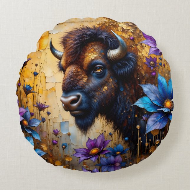 American Bison in textured Flower portrait Round Pillow (Front)