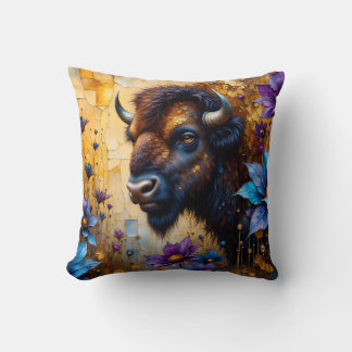 American Bison in textured Flower portrait Throw Pillow