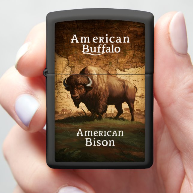 American Bison on a Map Zippo Lighter (In Hand)