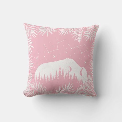 American Bison Pink White Stars Galaxy Tropical Throw Pillow