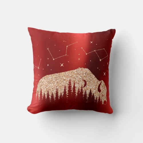 American Bison Red Maroon Rose Stars Galaxy Moon Throw Pillow