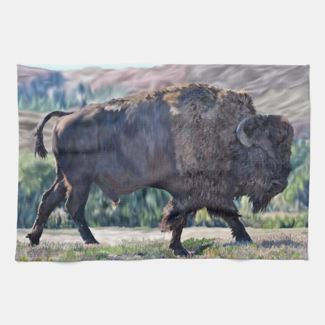 American Bison Roaming in Grassland Setting Kitchen Towel (Horizontal)