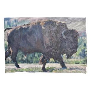 American Bison Roaming in Grassland Setting Pillow Case
