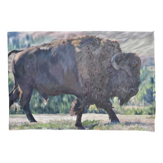 American Bison Roaming in Grassland Setting Pillow Case (Front)