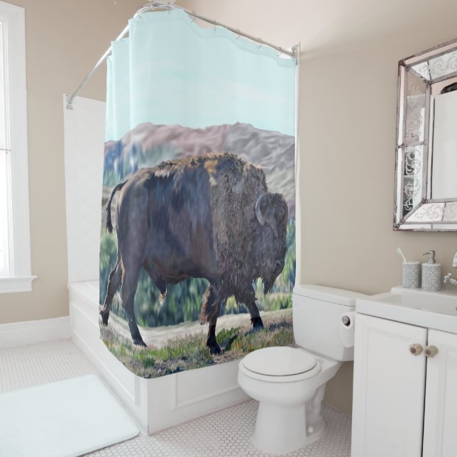 American Bison Roaming in Grassland Setting Shower Curtain (In Situ)