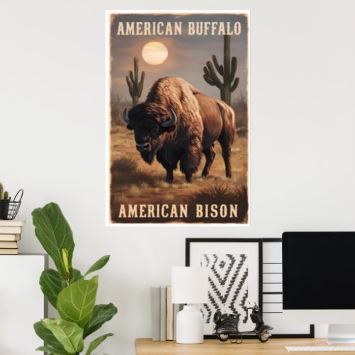 American bison stands in a desert poster