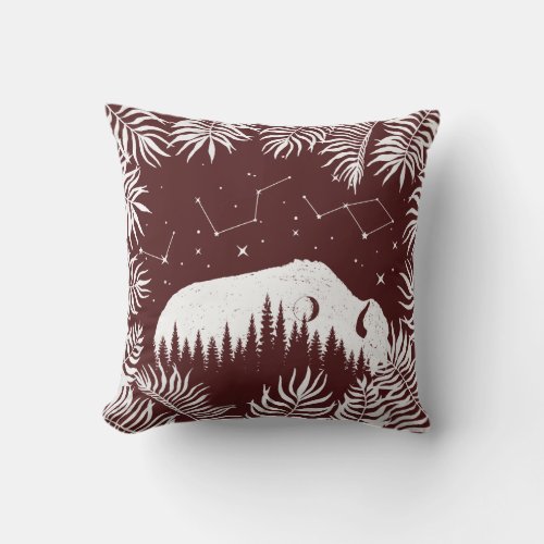 American Bison White Burgund Star Galaxy Fern Hunt Throw Pillow