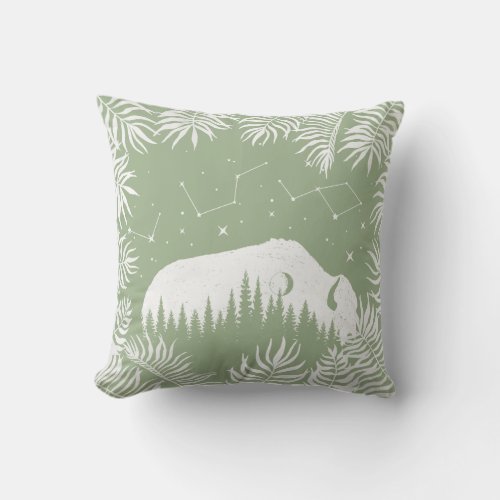 American Bison White Mint Star Galaxy Fern Hunt Throw Pillow