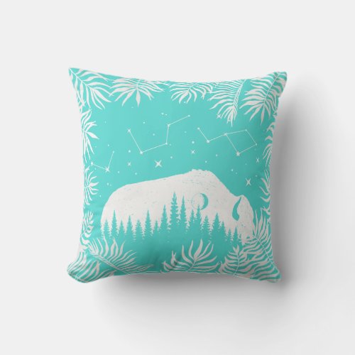 American Bison White Mint Stars Galaxy Fern Travel Throw Pillow